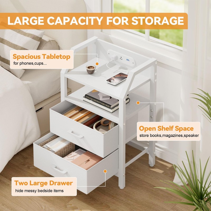 HLDIRECT Nightstand with Charging Station, USB Ports and AC Outlets,