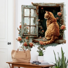 RAINBOW WSK Flower Fake Window Wall Sticker Cute Cat Floral Wall Decals Peel and Stick Vintage Peony Rose Faux Window Decor Kawaii Kitten Decal for Kids Girls Room Bedroom Living Room ZDB32