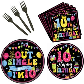 Refavor 10th Birthday Tableware Decorations, 96PCS Out Single Digits Party Plates and Napkins Set, Colorful I'm 10 Disposable Dinnerware Supplies Serves 24