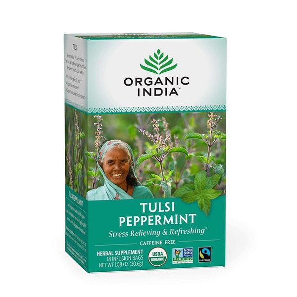 Organic India Tulsi Peppermint Herbal Tea - Stress Relieving & Refreshing, Immune Support, Aids Digestion, Vegan, USDA Certified Organic, Fairtrade, Caffeine-Free - 18 Infusion Bags, 1 Pack