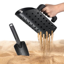 Sand Scoop & Shovel Set for Metal Detecting – Beach Sand Sifter, Treasure Hunting & Shell Collecting Digging Tools, Durable Metal Detector Accessories for Kids & Adults, Black