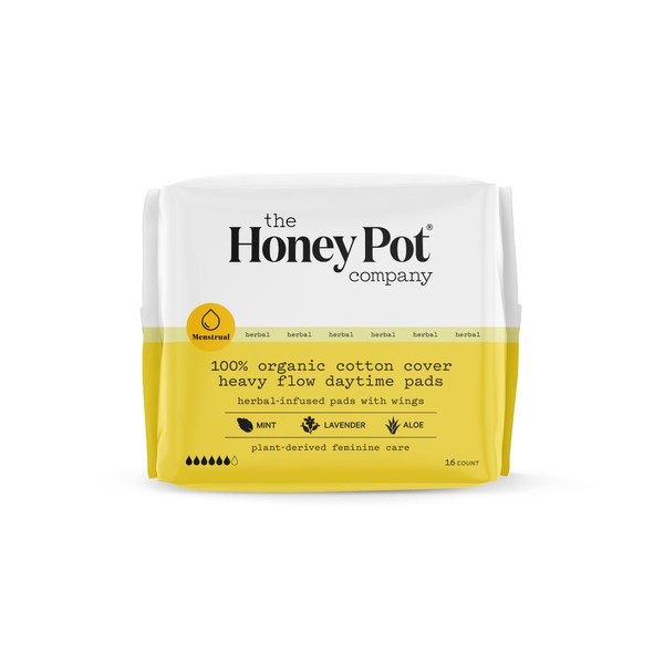 The Honey Pot Company - Daytime Heavy Flow Pads with Wings - Organic Pads for Women - Herbal Infused w/Essential Oils for Cooling Effect, Cotton Cover, & Ultra-Absorbent Pulp Core -16ct