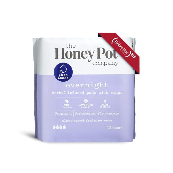 The Honey Pot Company Clean Cotton Overnight Pads (12 Count), Herbal-Infused Pads with Wings, Plant-Derived Feminine & Menstrual Care