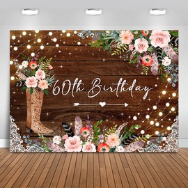 Mocsicka Happy 60th Birthday Backdrop Women Floral Wooden Floor Happy Birthday Backdrop Women 60th Birthday Party Decorations Photo Booth Props (5x3ft)