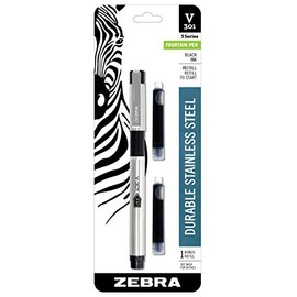Zebra Pen V-301 Fountain Pen, Stainless Steel Barrel, Fine Point, 0.7mm, Black Ink, 1-Pack with Refill