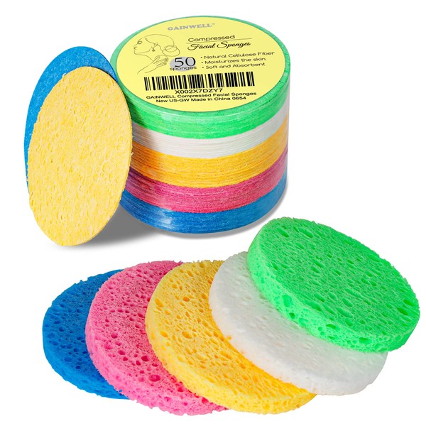 GAINWELL 50-Colored Natural Compressed Facial Sponges, for Facial Cleansing, Reusable & Eco-Friendly, 50 PCS