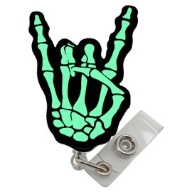 Carrete de insignia de rayos X que brilla en la oscuridad, carrete de insignia de radiología, carrete de insignia de esqueleto, mano de esqueleto, carrete de insignia de fantasma, rock on, tecnología