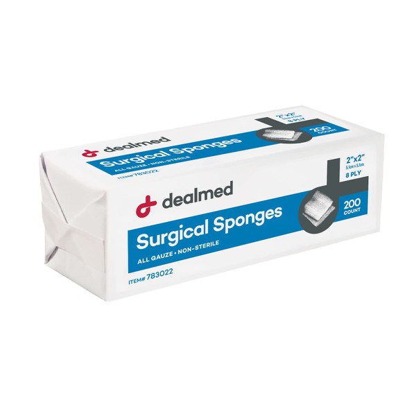 Dealmed Surgical Sponges – 200 Count, 8-Ply, 2" x 2" Surgical Gauze Pads, One Package, Highly Absorbent Gauze Sponges, Wound Care Product for First Aid Kit and Medical Facilities