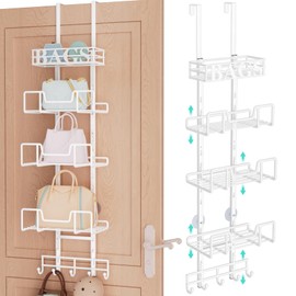 HapiRm Over Door Purse Organizer - Adjustable Purse Storage Rack with Bags Design Metal Basket, Wall Mounted Handbag Organizer, Hanging Handbag Holder, Can Use As 1/2 Part Detachable, White