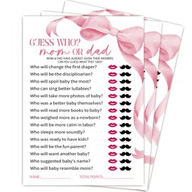 MXLINSW Pink Baby Shower Games for Girl, Guess Who Mom Or Dad Game Cards, 25 Gender Neutral Cards, Pink Bow Gender Reveal Party Supply Kit, Baby Shower Decorations(5''x7'')-A05