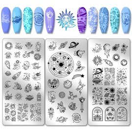 PH PandaHall 66 Patterns Spaceship Nail Art Stencils, 3 Pieces Planet Universe Nail Stamping Moon Star Astronaut Nail Art Stencils Stainless Steel Nail Picture Plates for Nail Design