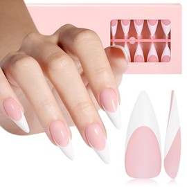 AILLSA Uñas francesas de gel, 180 unidades, uñas francesas a presión, largas, color rosa almendra, prebase y capa base preaplicadas, sin necesidad de 