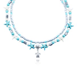 Shell Starfish Beaded Necklace for Women, Boho Puka Seashell Turtle Starfish Peal Necklace Dainty Summer Hawaii Beach Surfer Necklace for Women (D-Tortoise)