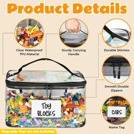 iDopick 6 Packs Clear Toy Storage Bags,9.45 x 6.7 x 5.12 Inch Transparent PVC Toy Organizing Bags with Zipper with Name Tag& Manual Pocket- Waterproof Toy Storage Organizer Pouch for Building Blocks