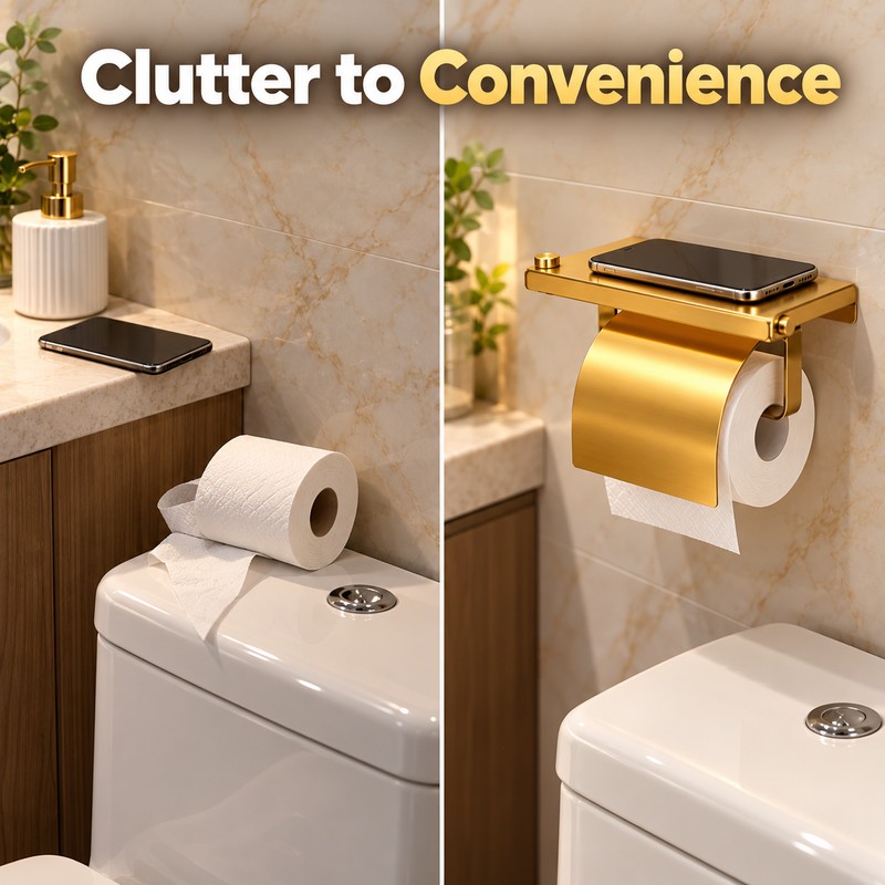 Stainless Steel Toilet Paper Holder with Shelf, Wall-Mounted Bathroom Tissue