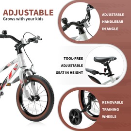 JMMD Kids Bike for Ages 4-12 Years Old Boys Girls, 14 16 18 Inch Kids Bike with Training Wheels & Kickstand, Kids Bicycle for Toddlers and Kids with Handbrake (18 silverred)