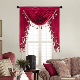 VOGOL Vintage Waterfall Valance for Living Room, Super Soft Velvet Swag Curtain Rod Pocket Window Panel for Bedroom Nursery, 1 Pack, 39" Wide, Burgundy