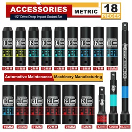 Aiourx 18 Piece 1/2" Drive Impact Socket Set, 10 mm - 24 mm Deep Socket, with Extension Bars:3-inch, 5-inch, 10-inch, Metric, 6-Point, CR-V Steel, Automotive Maintenance, Machinery Manufacturing