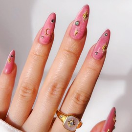 Pink Press on Nails Charms Medium Fake Nails with 3D Gold Star Moon Metallic Studs Design Cute 3D Star Press ons Glue on Nails Glossy Full Cover Acrylic Artificial Nails for Women 24Pcs