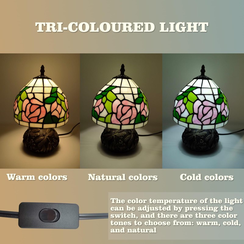 Ppbmocw Pink Rose Tiffany Lamp, 8 Inch Small Stained Glass