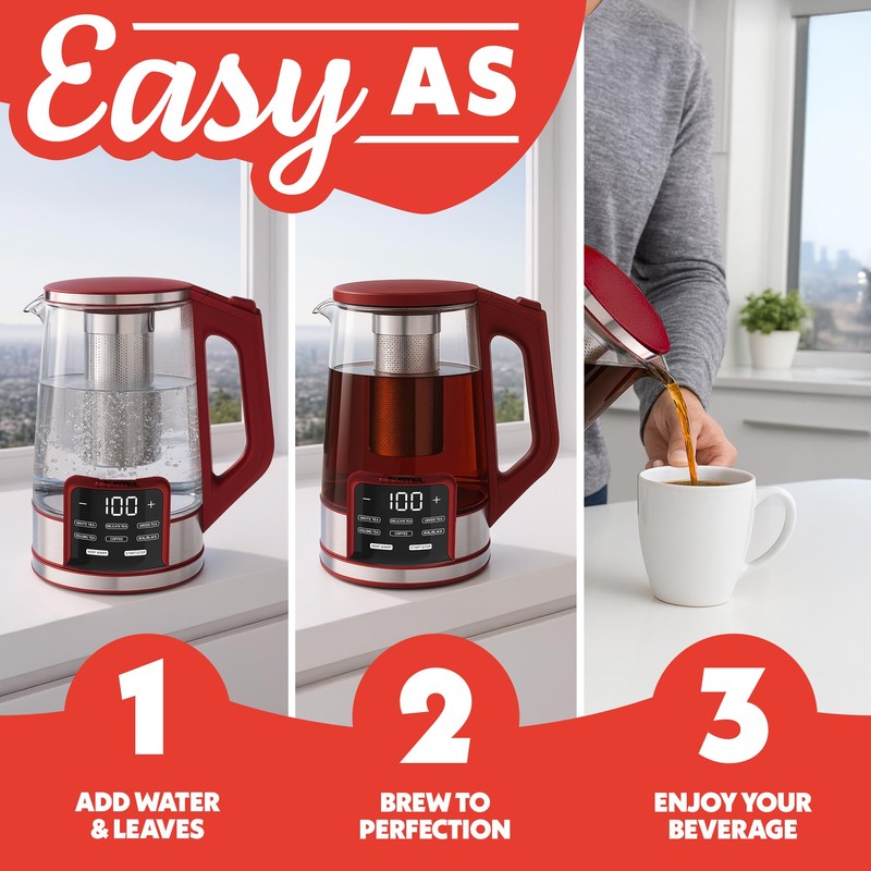 Gourmia Electric Programmable Glass Kettle – 1.7L Temperature Control Tea