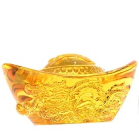 Chinese Gold Ingot Ornament, Dragon Design, Feng Shui Wealth Symbol, Amber Crystal