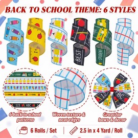 6 Rolls Back to School Wired Edge Ribbons, 24Yards x 2.5in Pencil Apple ABC Patterns GiftWrapping Ribbon for School Opening DIY Crafts Bow Wreath Classroom Party Decorations