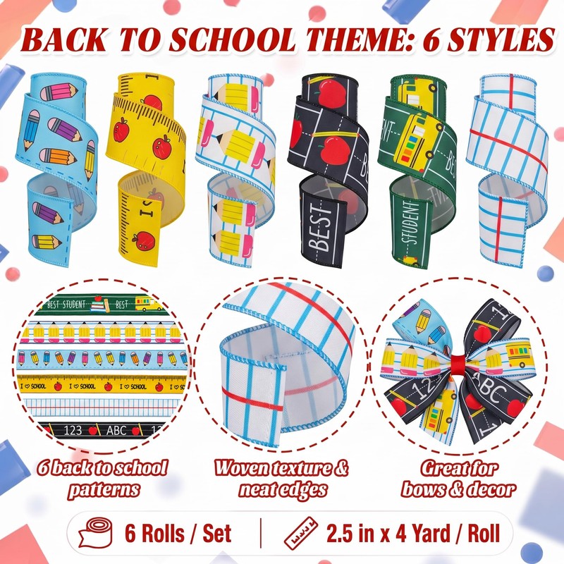 6 Rolls Back to School Wired Edge Ribbons, 24Yards x