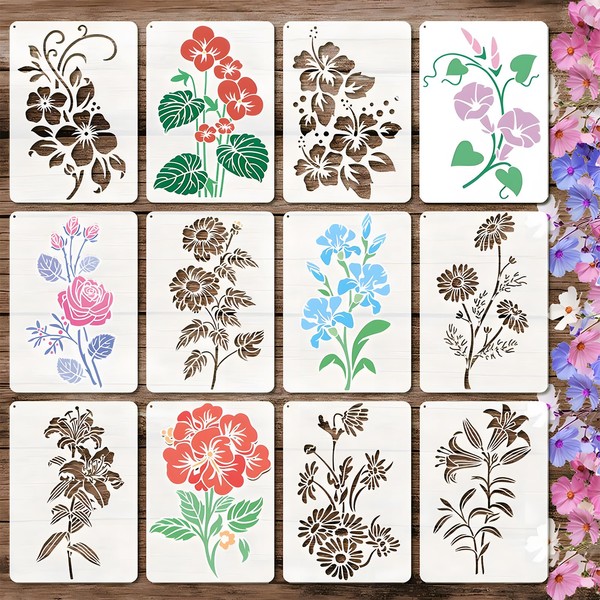 12 Piece Large Flower Stencil Set (21 x 29.7 cm),