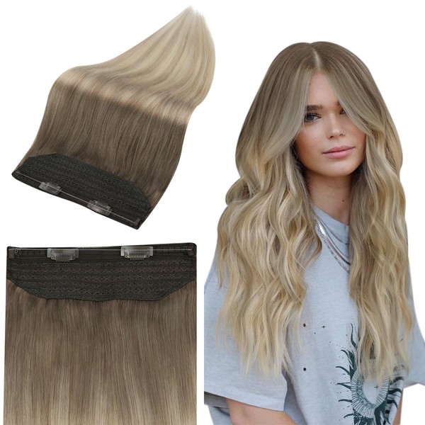 Full Shine Invisible Wire Hair Extensions Blonde 20Inch Secret Wire Human Hair Extensions Ombre Light Brown to Ash Blonde Highlight Platinum Blonde Layered Hair Extensions Real Human Hair 80g