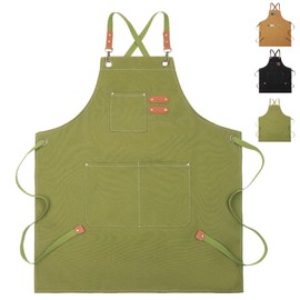 LaresDay Garden apron made of canvas, women's apron, adjustable work apron with 3 pockets and cross back, unisex kitchen/garden supplies for painting and cooking, hobby painters, Green