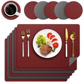 Faux Leather Placemats Set of 6, Two-Sided placemat with Coaster Heat Resistant Placemats for Dining Table Waterproof Wipeable Washable Table Mats (Red/Gray)