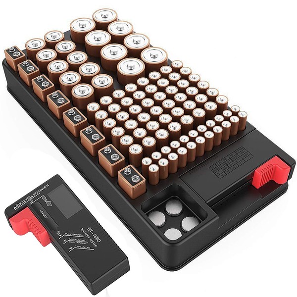 Caja de almacenamiento organizadora de baterías con probador de batería para AAA AA C D 9V y caja de almacenamiento de baterías con botón para 110 baterías, varios tamaños con probador de batería digital extraíble