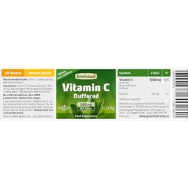 Greenfood Vitamin C, Stomach Friendly, pH Neutral, 500 mg, high dose,180 Tablets. Contributes to the Maintenance of the Immune System, Bones, Skin, Teeth and Gums. Vegan