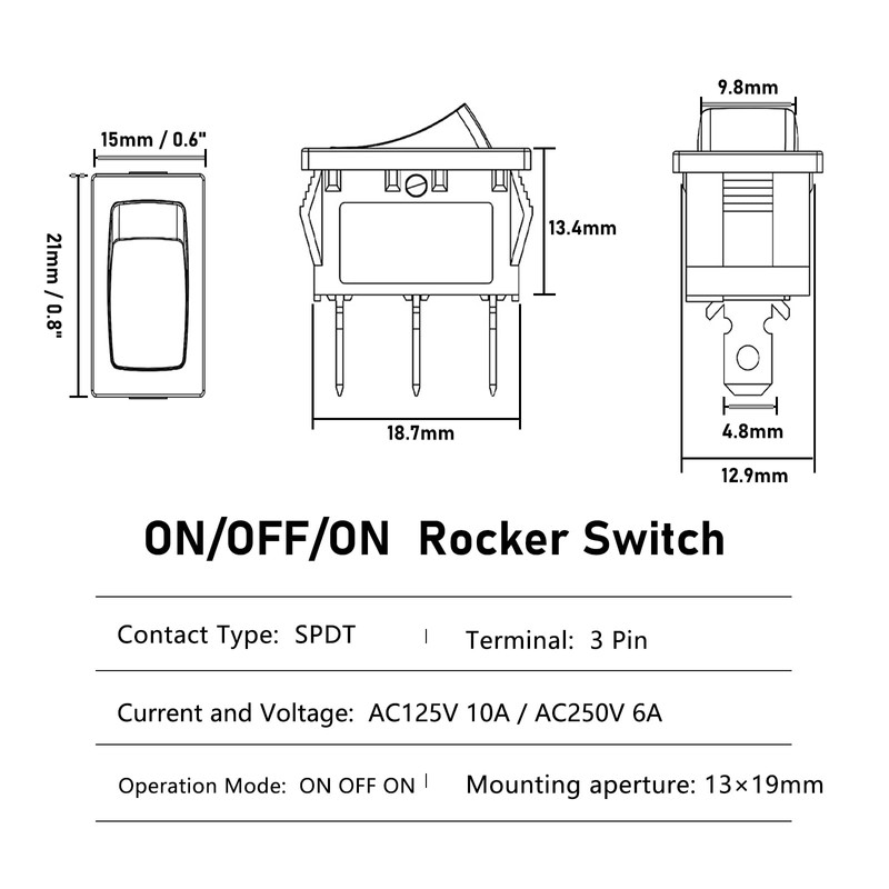 SCOOYUCK 5 Pcs Rocker Switch ON/Off/ON, 15mm×21mm 12V 24V 125V