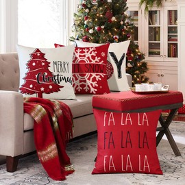 JOTOM Red Christmas Cushion Covers 45x45cm Set of 4 Christmas Decor Pillow Covers Xmas Tree Let It Snow Merry Christmas FA La La Winter Pillowcase Farmhouse Cushion Case for Couch Sofa Bed Decor (Red)