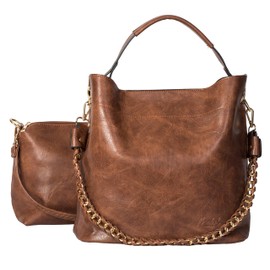 Mabel Womens Shoulder Handbag in a Bucket Shape and a Make up bag with Multiple Carry Options - 100% Vegan Leather Purse - Isla (Deep Tan)