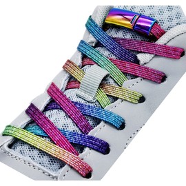 nikwesm Magnetic No Tie Elastic Shoe Laces for Kids Adults, No screw, One Size Fits All (silver rainbow)