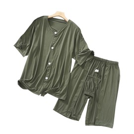 SOEDZUNG Mens Tear Away Post Surgery Clothing Modal Short Sleeve Set for Bedridden Elderly Patients Comfortable Breathable(Green,2XL)