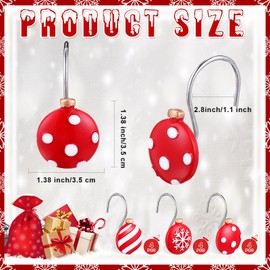 Zhengmy 12 Pcs Christmas Shower Curtain Hooks Small Red Christmas Balls Shower Curtain Rings White Snowflake Holiday Shower Hooks Decorative Holiday Bathroom Accessories for Winter Bathroom Decoration