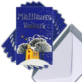 M5-502 Set of 5 Identical Greetings Cards Silver 13.5 x 8.5 cm + 5 White Envelopes 14 x 9 cm - Happy New Year Wishes January Winter House and Trees Under the Snow - Created Printed Made in France