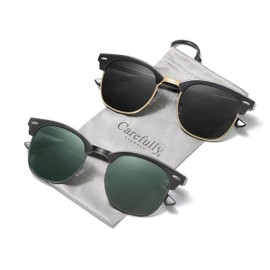 Carefully Men Classic Polarized Sunglasses Semi Rimless Frame Women's UV400 Protective Eyewear 2PCS (N1001-G15 Dark Green/Gold Gray)