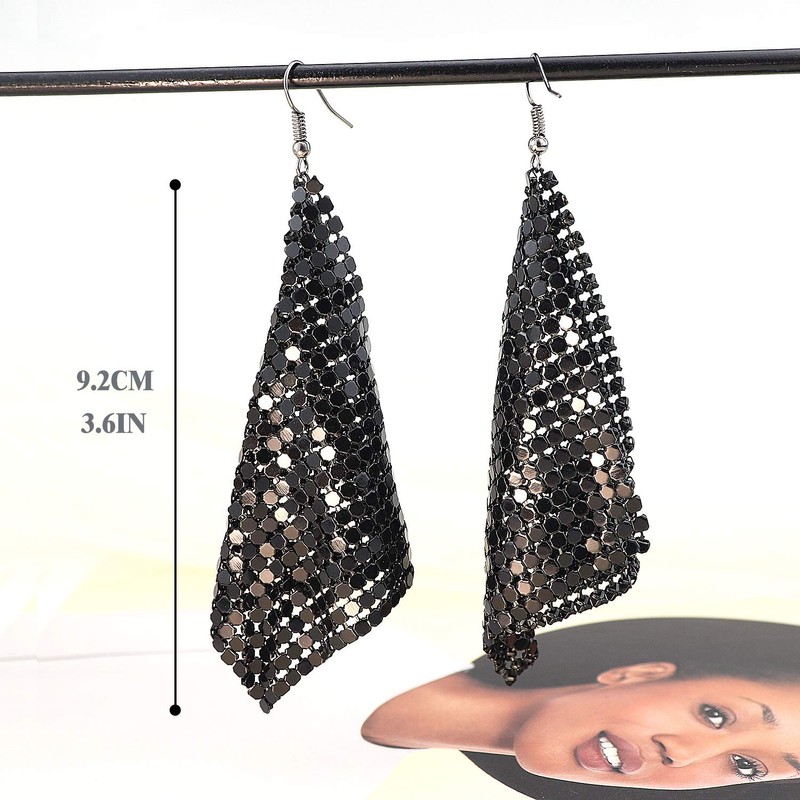 Suyi Trendy Women Earrings Metal Mesh Grid Sequins Tassel Long