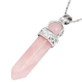 KYEYGWO Hexagonal Crystal Point Stone Pendant Necklace for Unisex, Rose Quartz Healing Gemstone Bead Pendant with Chain 23"