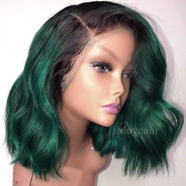 Maycaur Black Dark Green Short Bob Hair Synthetic Lace Front Wig Short Wavy Wigs with Natural Hairline For Women Glueless Heat Resistant Fiber Hair
