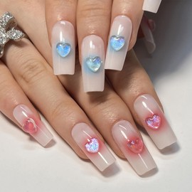 24pcs Glitter Pink Blue Heart Press on Nails Medium Length Square Fake Nails Set Heart Gem Stick on Nails Glue-on Nails Acrylic Full Cover False Nails Valentines Day Women Brides Nail Art Accessories