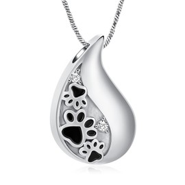 AIWENXI Pet Paw Print Teardrop Urn Necklace for Ashes for Dog/Cat Ash Keepsake Pendant for Cremation Memorial Jewellery for Women/Men, stainless steel