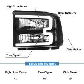 Bincmay Halogen Headlight Assembly Led Day Running Light Compatible with 2005-2007 2005 2006 2007 05 06 07 Ford F250 F350 F450 F550 Super Duty/05 Ford Excursion (Black Housing Clear Reflector)