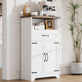 GarveeHome Farmhouse White Storage Cabinet with Doors and Drawers, Freestanding Bathroom Cabinet for Kitchen/Laundry/Living Room/Bedroom，White