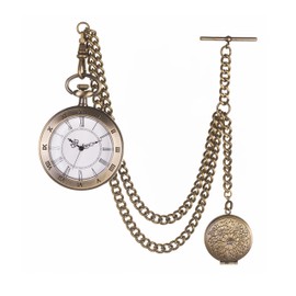 Holy Sins Jewellery Elegant Bronze Pocket Watch with Albert Chain, Photo Medallion, Quartz Movement - Vintage Inspired Timepiece for The Timeless Gentleman